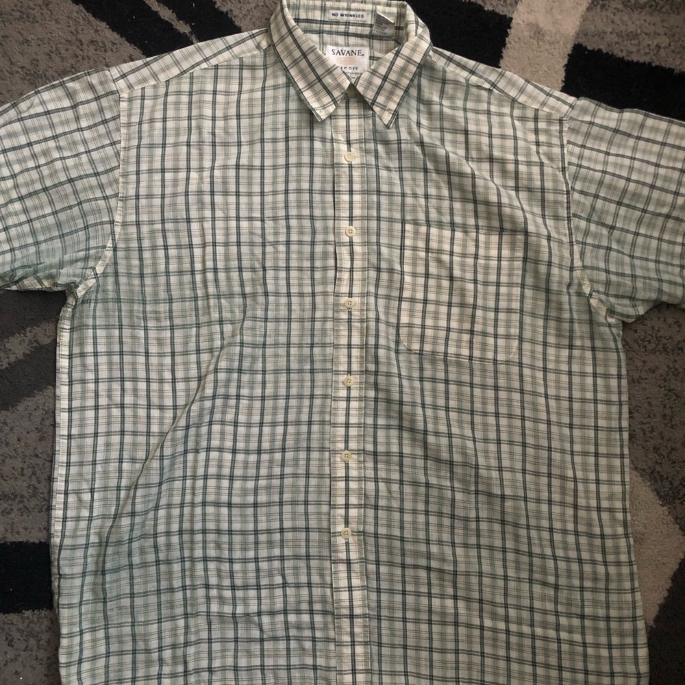 Savane Men's Light Green and White Plaid Short-Sleeve Button-Up Shirt